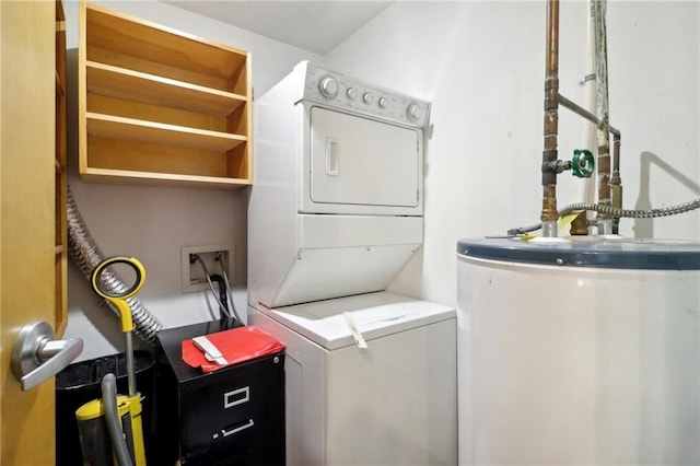 laundry area with water heater and stacked washer and clothes dryer