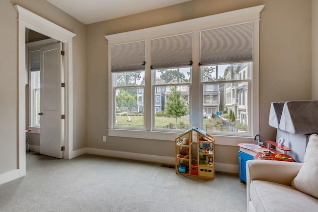 playroom featuring light colored carpet