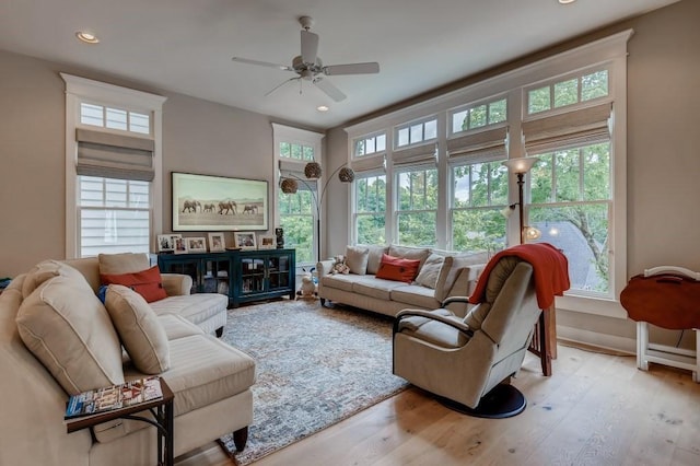 living room with ceiling fan, light hardwood / wood-style floors, and a healthy amount of sunlight