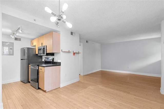 387 Ralph Mcgill Blvd NE Unit K, Atlanta, GA 30312 - kitchen featuring stainless steel appliances, a textured ceiling, dark countertops, light wood-style flooring, and electric panel