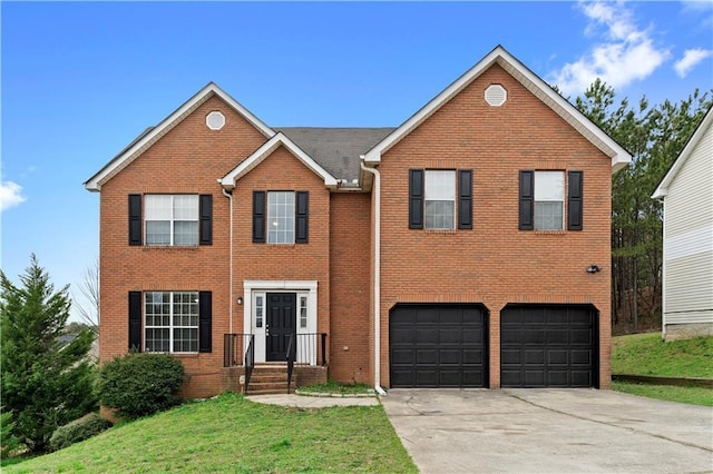 view of front of house featuring a garage, brick siding, concrete driveway, and a front lawn