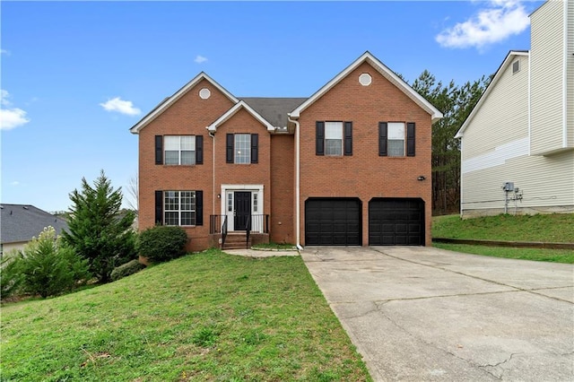 view of front of home with a front yard, an attached garage, brick siding, and driveway