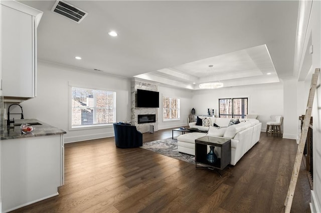 living room featuring dark hardwood / wood-style flooring, a tray ceiling, a large fireplace, ornamental molding, and sink