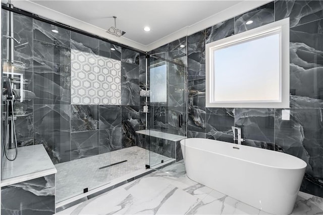 bathroom with plus walk in shower and tile walls