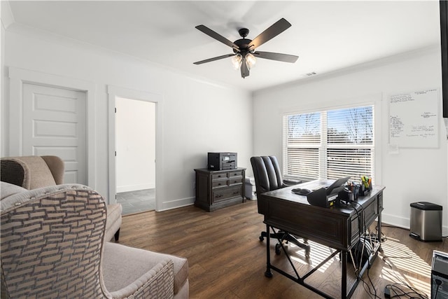 office area with ceiling fan, dark hardwood / wood-style floors, and ornamental molding