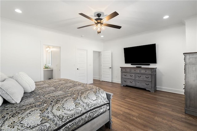 bedroom featuring ornamental molding, ceiling fan, and dark hardwood / wood-style floors