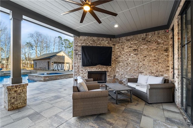 view of patio / terrace featuring ceiling fan, an outdoor living space with a fireplace, and a swimming pool with hot tub