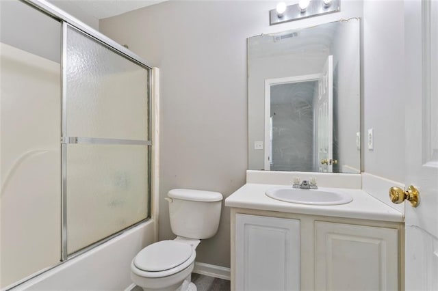 full bathroom featuring toilet, vanity, wood-type flooring, and shower / bath combination with glass door