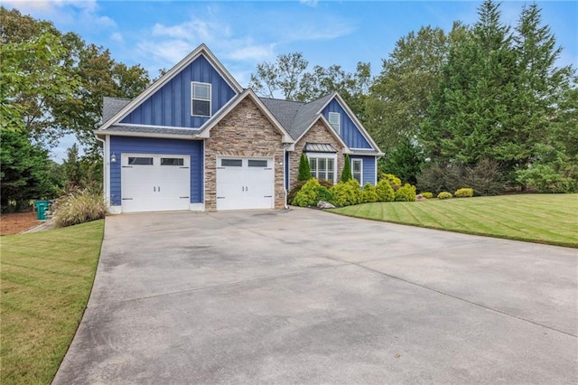 craftsman inspired home with board and batten siding, a front yard, concrete driveway, and stone siding