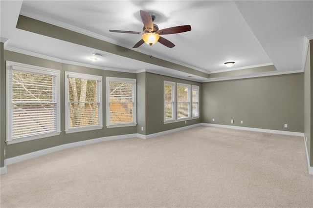 unfurnished room with a raised ceiling, light colored carpet, ceiling fan, and crown molding