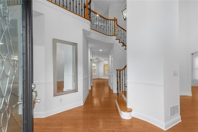 entrance foyer with a towering ceiling and wood-type flooring