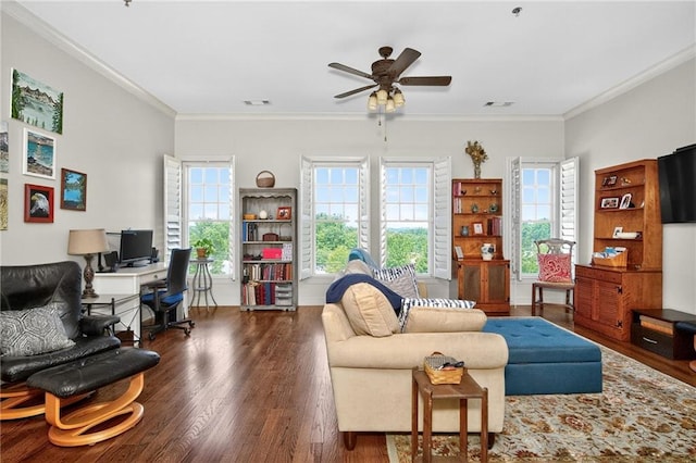 360 Chambers St Unit 402, Woodstock, GA 30188 - living area with ceiling fan, wood finished floors, crown molding, and an office area