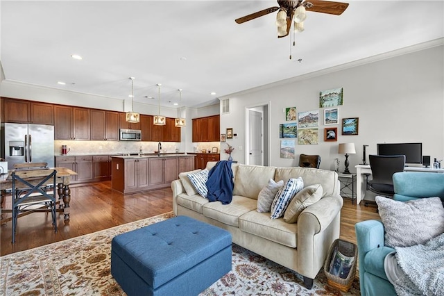 360 Chambers St Unit 402, Woodstock, GA 30188 - living area with wood finished floors, crown molding, a ceiling fan, and recessed lighting