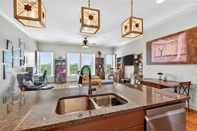 360 Chambers St Unit 402, Woodstock, GA 30188 - kitchen featuring dishwasher, open floor plan, wood finished floors, crown molding, and stone countertops