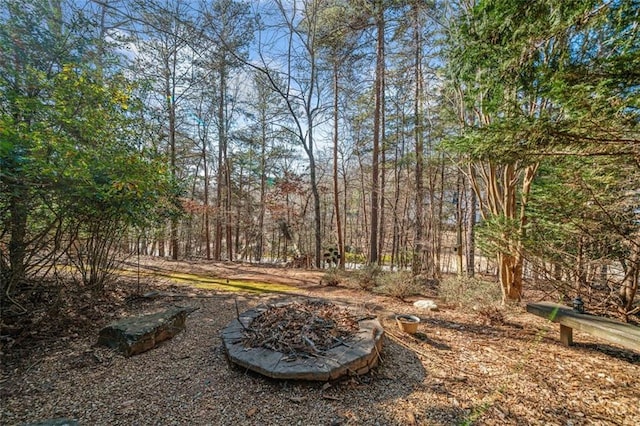 view of yard with a fire pit