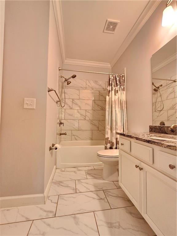 full bathroom featuring ornamental molding, shower / bath combination with curtain, vanity, and toilet