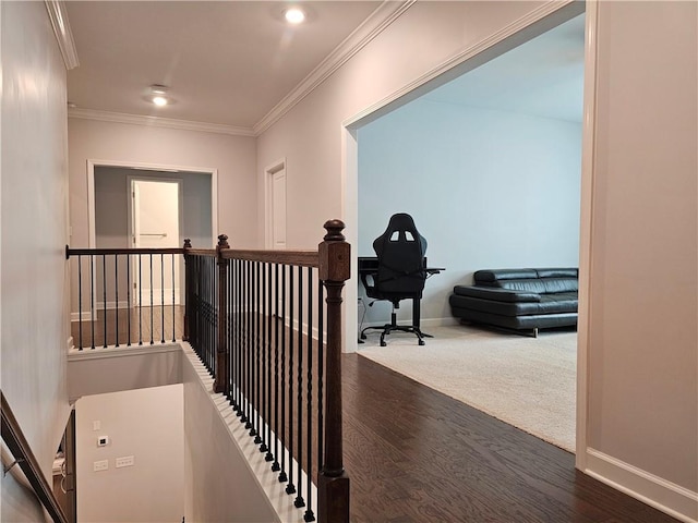 hallway with ornamental molding and wood-type flooring