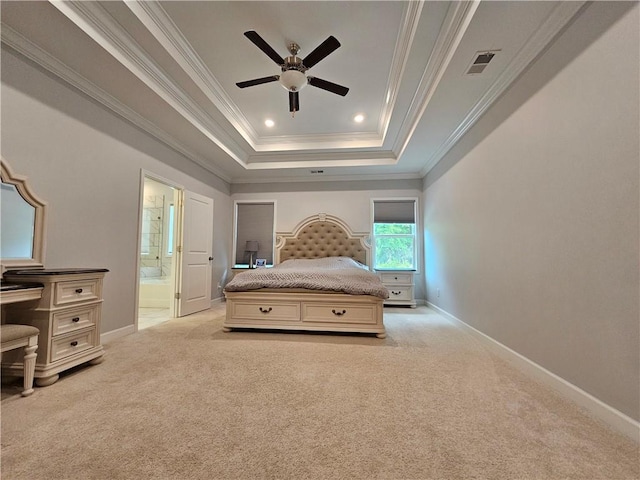 bedroom with ornamental molding, ceiling fan, and light colored carpet