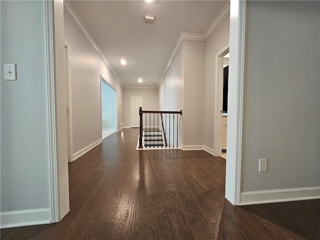 corridor with ornamental molding and dark wood-type flooring