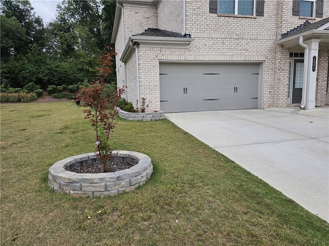 view of property exterior with a lawn and a garage