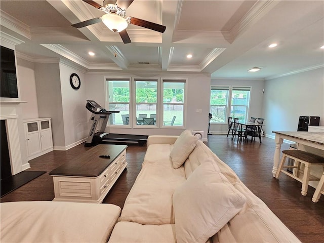 living room with dark wood-type flooring, crown molding, beamed ceiling, and coffered ceiling