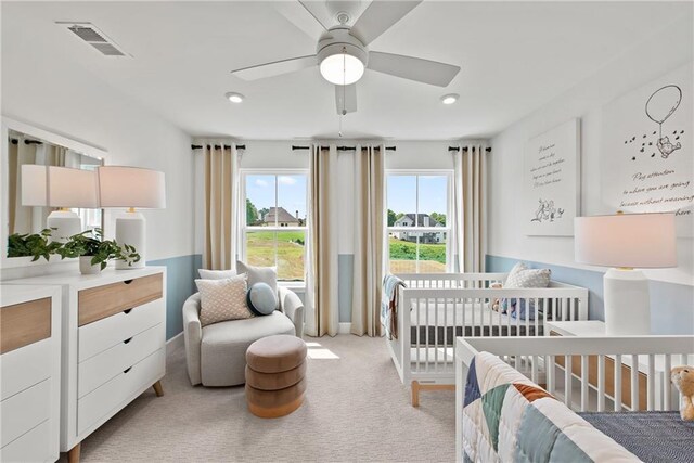 808 Tupelo Way, Villa Rica, GA 30180 - bedroom featuring visible vents, recessed lighting, a ceiling fan, light carpet, and a nursery area