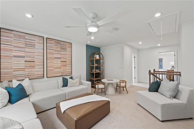 808 Tupelo Way, Villa Rica, GA 30180 - living area with attic access, light carpet, baseboards, ceiling fan, and recessed lighting
