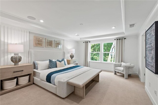 808 Tupelo Way, Villa Rica, GA 30180 - bedroom featuring ornamental molding, baseboards, a raised ceiling, visible vents, and light carpet