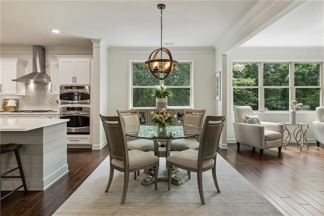 12380 Peyton Farm Way, Alpharetta, GA 30004 - dining room with a chandelier, dark wood-style floors, ornamental molding, baseboards, and recessed lighting