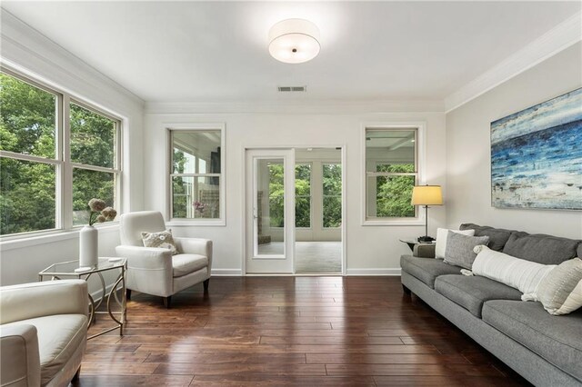 12380 Peyton Farm Way, Alpharetta, GA 30004 - living room with ornamental molding, hardwood / wood-style floors, baseboards, and french doors