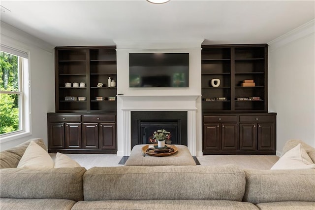 12380 Peyton Farm Way, Alpharetta, GA 30004 - carpeted living room with crown molding and a fireplace