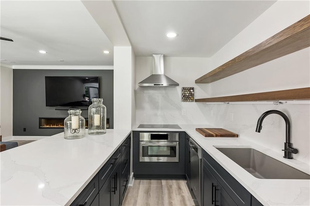 12380 Peyton Farm Way, Alpharetta, GA 30004 - kitchen with stainless steel appliances, wall chimney range hood, a sink, light stone countertops, and open shelves