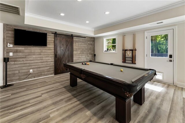 12380 Peyton Farm Way, Alpharetta, GA 30004 - recreation room featuring a barn door, crown molding, light wood-style flooring, recessed lighting, and billiards table