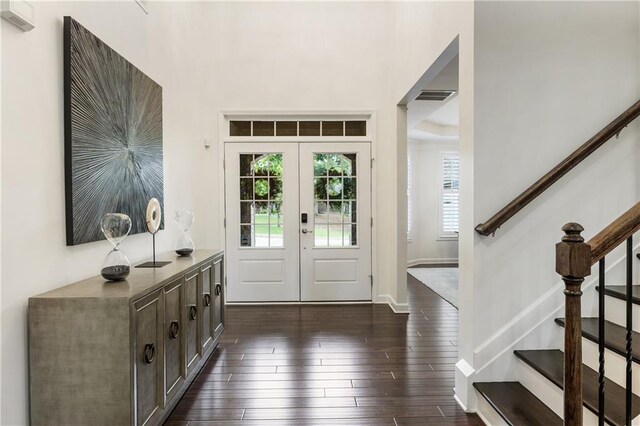 12380 Peyton Farm Way, Alpharetta, GA 30004 - foyer entrance featuring stairs, french doors, dark wood-type flooring, and baseboards
