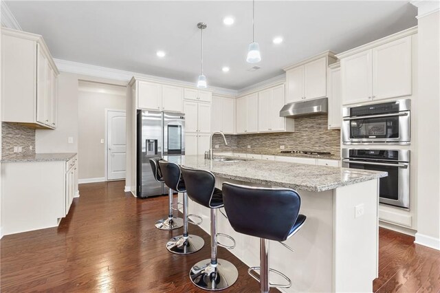 5910 Roxboro Ct, Cumming, GA 30040 - kitchen with dark wood-style floors, appliances with stainless steel finishes, under cabinet range hood, and a sink