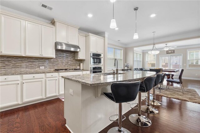 5910 Roxboro Ct, Cumming, GA 30040 - kitchen featuring a sink, dark wood-type flooring, under cabinet range hood, crown molding, and tasteful backsplash