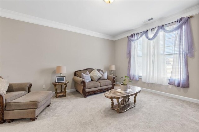 5910 Roxboro Ct, Cumming, GA 30040 - carpeted living room featuring crown molding, baseboards, and visible vents