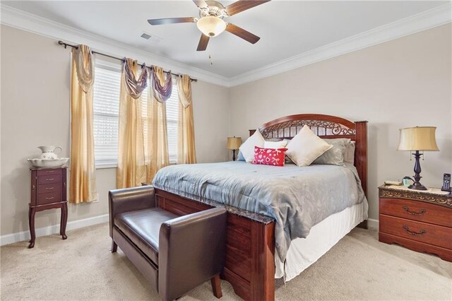 5910 Roxboro Ct, Cumming, GA 30040 - bedroom featuring visible vents, baseboards, ceiling fan, crown molding, and light colored carpet