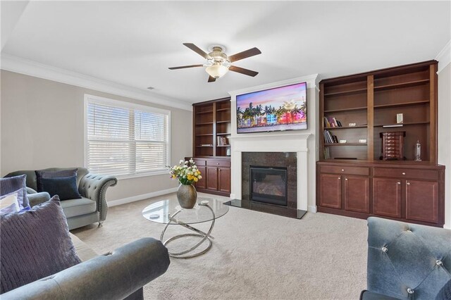 5910 Roxboro Ct, Cumming, GA 30040 - living room with a premium fireplace, carpet, ceiling fan, and ornamental molding