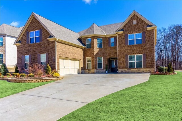 5910 Roxboro Ct, Cumming, GA 30040 - traditional home with brick siding, a shingled roof, a front yard, a garage, and driveway