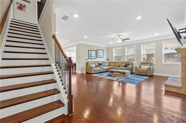 5910 Roxboro Ct, Cumming, GA 30040 - living room featuring visible vents, a ceiling fan, hardwood / wood-style flooring, recessed lighting, and stairway