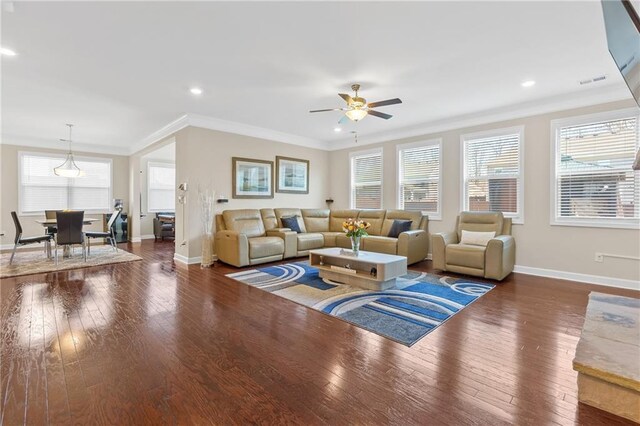 5910 Roxboro Ct, Cumming, GA 30040 - living area featuring visible vents, wood-type flooring, crown molding, baseboards, and ceiling fan