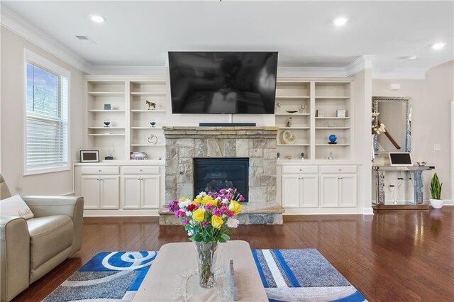 5910 Roxboro Ct, Cumming, GA 30040 - living area with recessed lighting, ornamental molding, and dark wood-style flooring