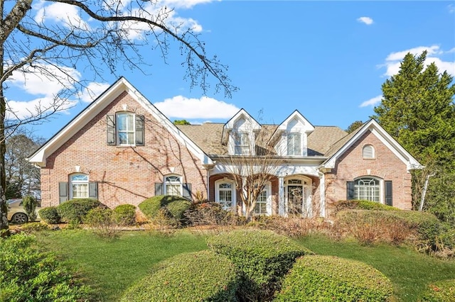 view of front of house with a front lawn and brick siding