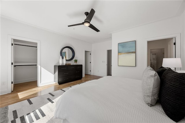 bedroom with a walk in closet, wood-type flooring, ornamental molding, and ceiling fan