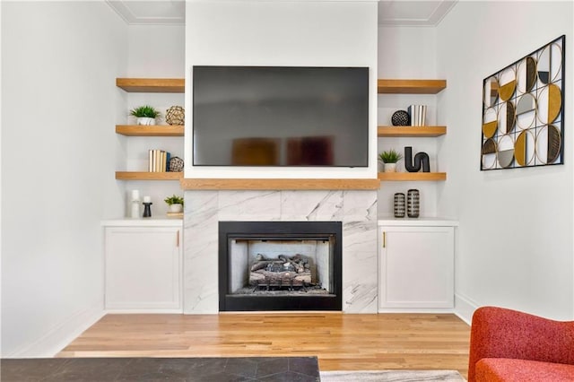 living room featuring built in features, light hardwood / wood-style floors, and a premium fireplace