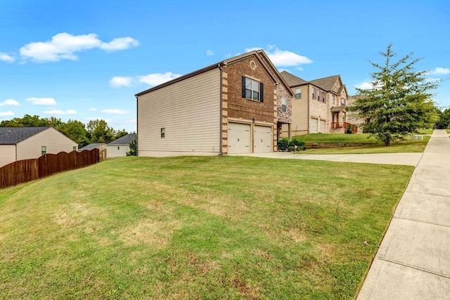 view of property exterior with a garage and a lawn