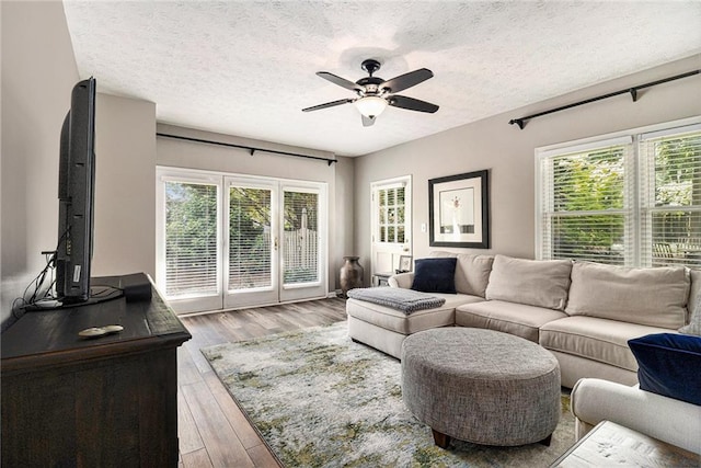 5396 Amhurst Dr, Peachtree Corners, GA 30092 - living area with a ceiling fan, light wood-style flooring, healthy amount of natural light, and a textured ceiling