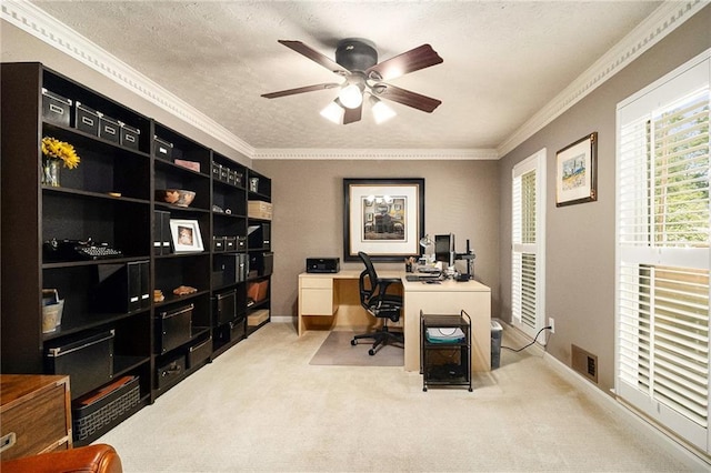 5396 Amhurst Dr, Peachtree Corners, GA 30092 - carpeted home office with ceiling fan and crown molding