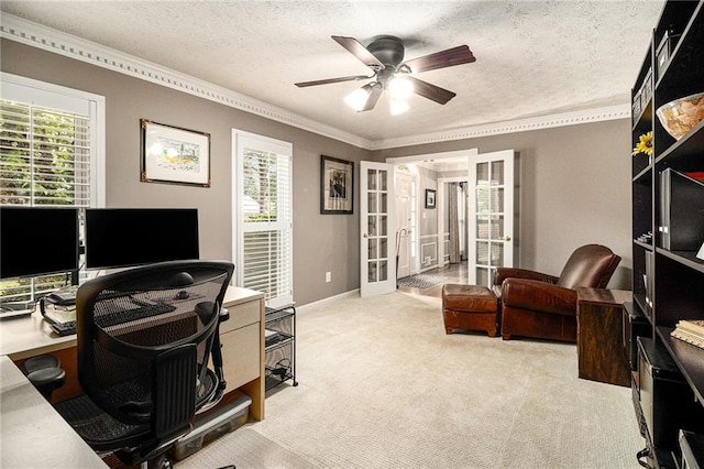5396 Amhurst Dr, Peachtree Corners, GA 30092 - home office featuring french doors, ornamental molding, a ceiling fan, carpet flooring, and a textured ceiling